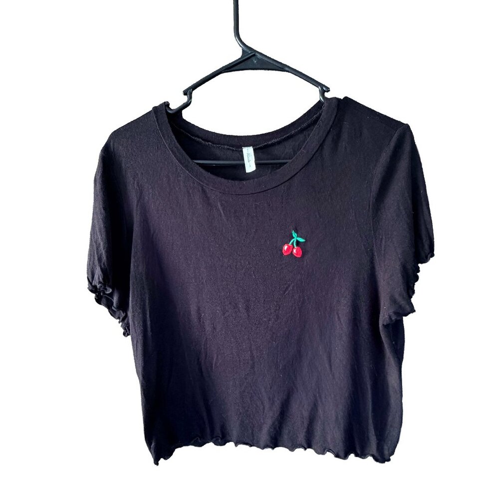 Black Cherry Embroidered Babydoll Tee Y2K Coquette Crop Top Large